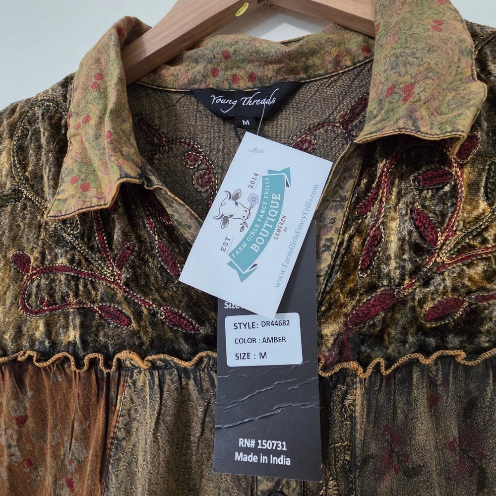 Young Threads Whimsigoth Embroidered Patchwork Shirt Dress Sz M Velvet Grunge - Picture 10 of 16